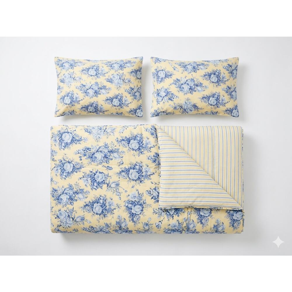 Lauren Ralph Lauren Queen Comforter 2 Pillow Shams Yellow Blue Floral Cotton - Picture 2 of 7